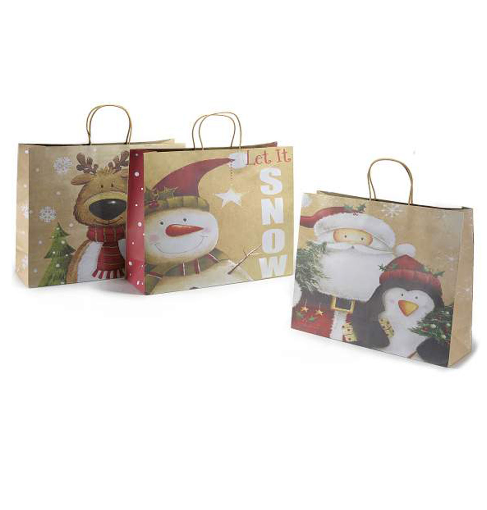 18Pz. Busta sacchetto regalo in carta naturale con stampe natalizie  Misure: cm 45 x 12,5 x 33 H (C/manici43)